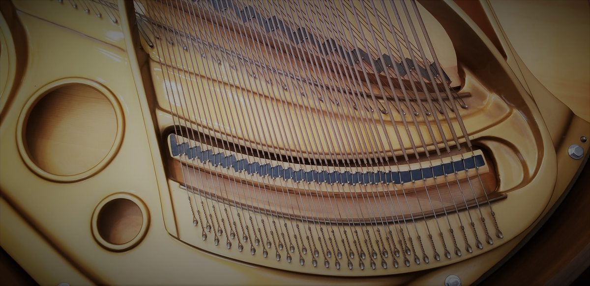 Piano technician working on the internal mechanism of a grand piano
